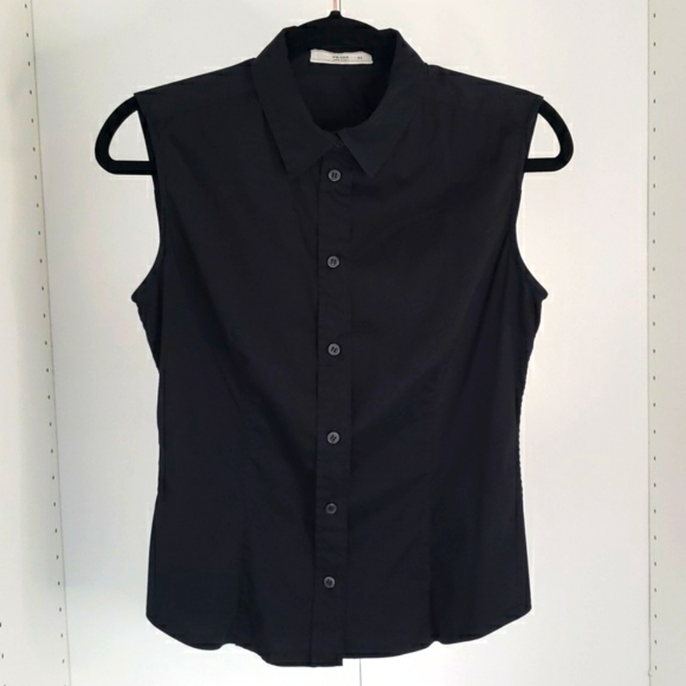 PRADA Jet Black Button up Sleeveless Dress Shirt